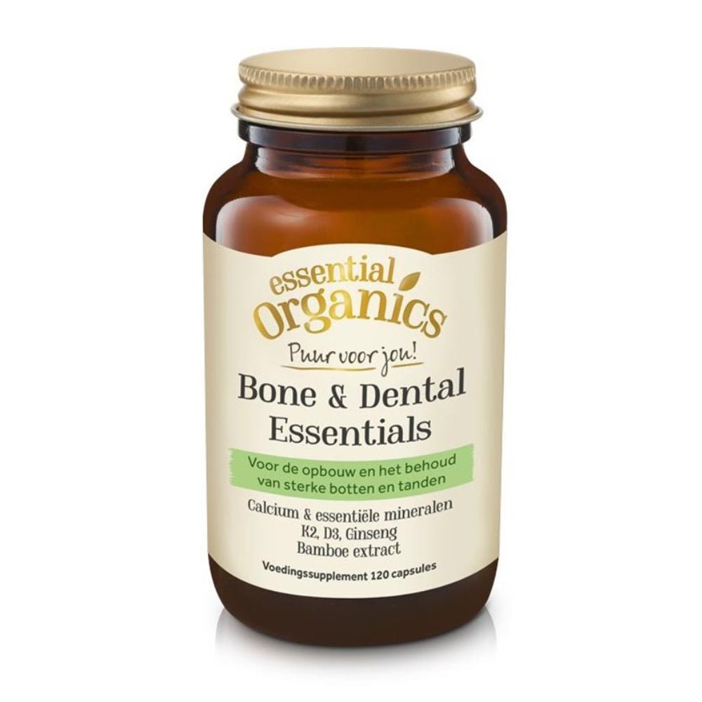 Essential Organics Bone & Dental Essentials supplementen in bruine fles met gouden dop voor sterke botten en tanden