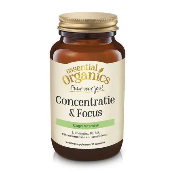 Essential Organics Concentratie & Focus supplementen in bruine fles met 30 vegan capsules voor dagelijkse cognitieve ondersteuning