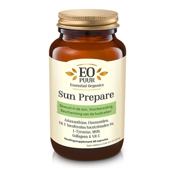 Essential Organics Sun Prepare voedingssupplement in bruine fles met gouden dop voor huidbescherming en zonbestendigheid