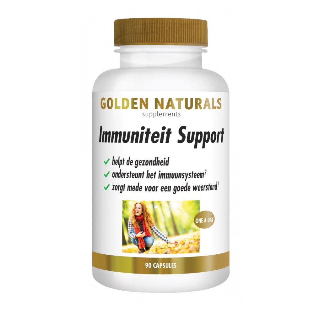 Golden Naturals Immuniteit Support 90 vega capsules in witte fles met gouden dop voor weerstand en immuunsysteem
