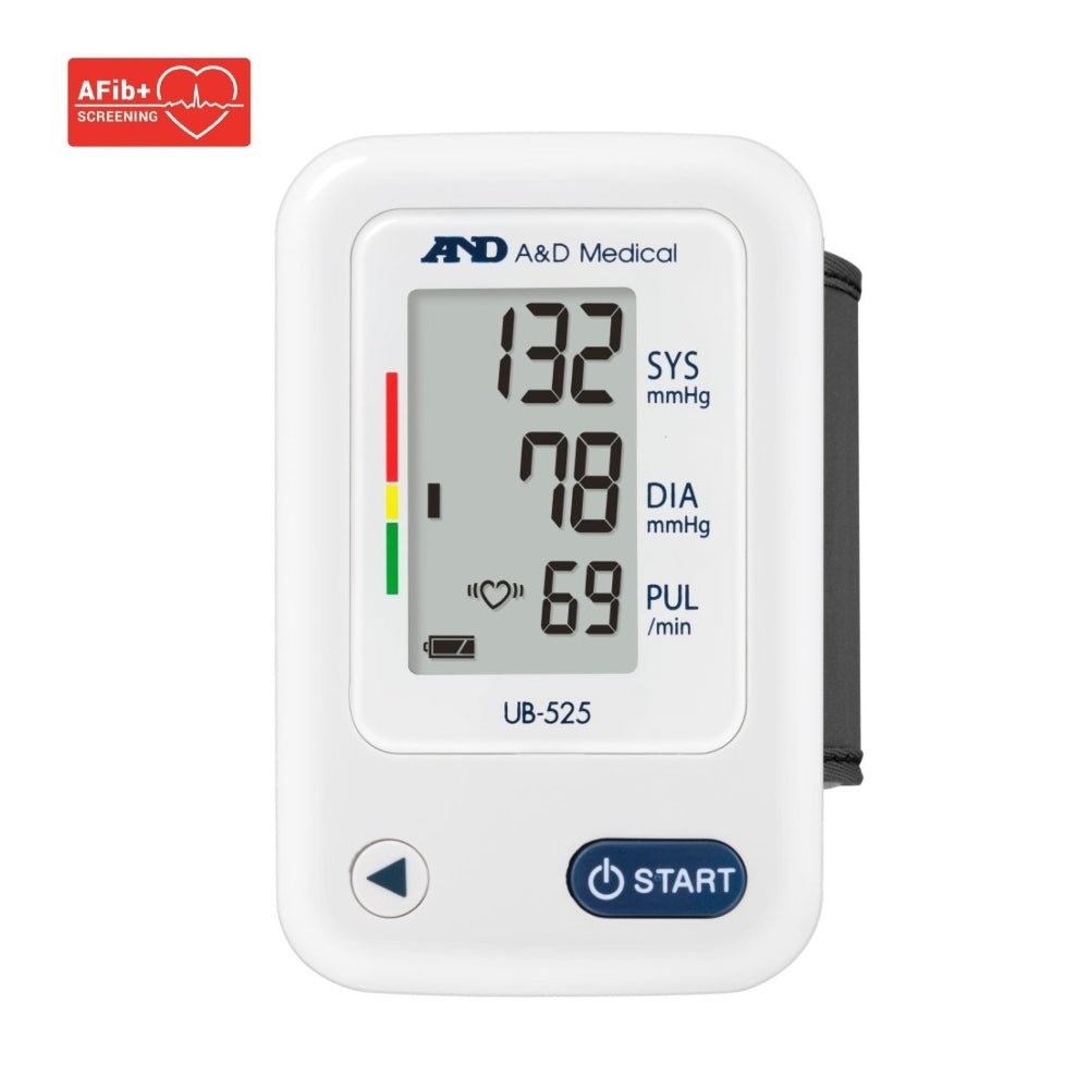 Voorzijde witte A&D UB-525 polsbloeddrukmeter met groot LCD-scherm