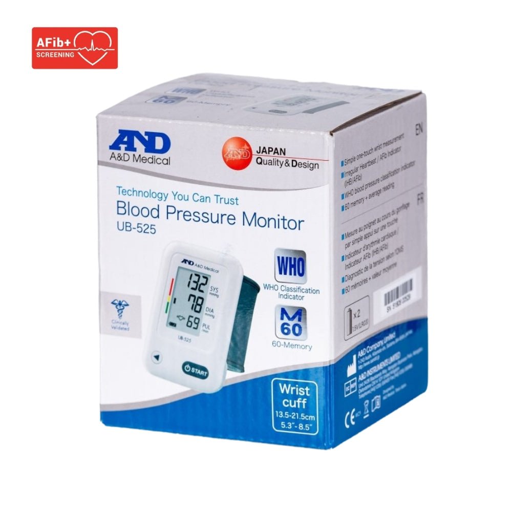 Zijkant doos A&D Medical UB-525 polsbloeddrukmeter met WHO indicator