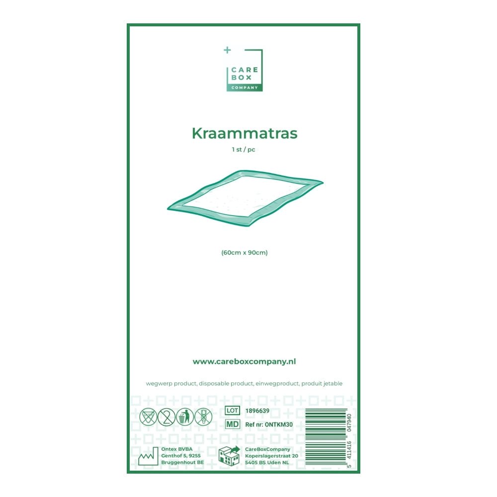 CareBoxCompany kraammatras 60x90 cm verpakkingslabel met groen logo en productdetails