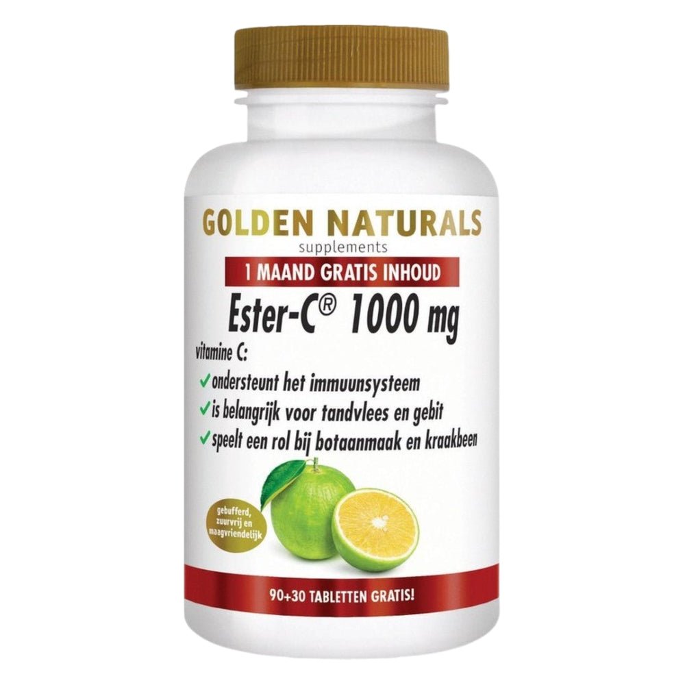 Golden Naturals Ester-C 1000mg vitamine C supplement in witte fles met 90+30 tabletten en maagvriendelijke formule