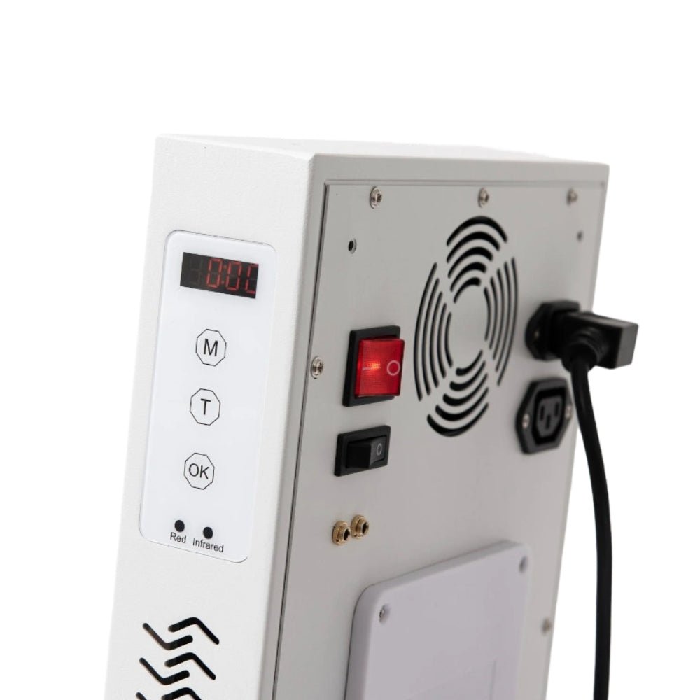 Achterkant Innolux infraroodlamp met timer, knoppen en schakelaars