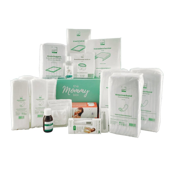 Kraampakket - de Mommy Box compleet - inhoud uitgestald - van CareBoxCompany - Shopvoorgezondheid 