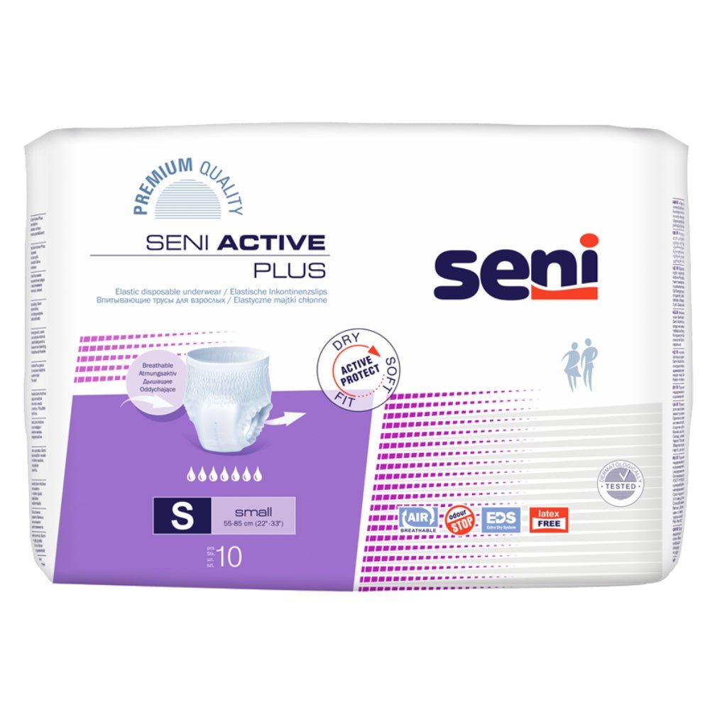 Seni Active Plus incontinentiebroekjes maat S, verpakking van 10 stuks met ademende buitenlaag
