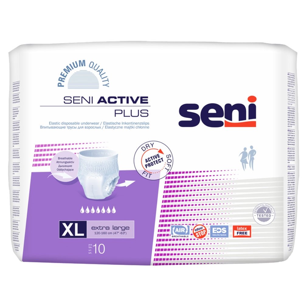 Seni Active Plus incontinentiebroekjes maat XL, verpakking van 10 stuks met geurneutralisatie