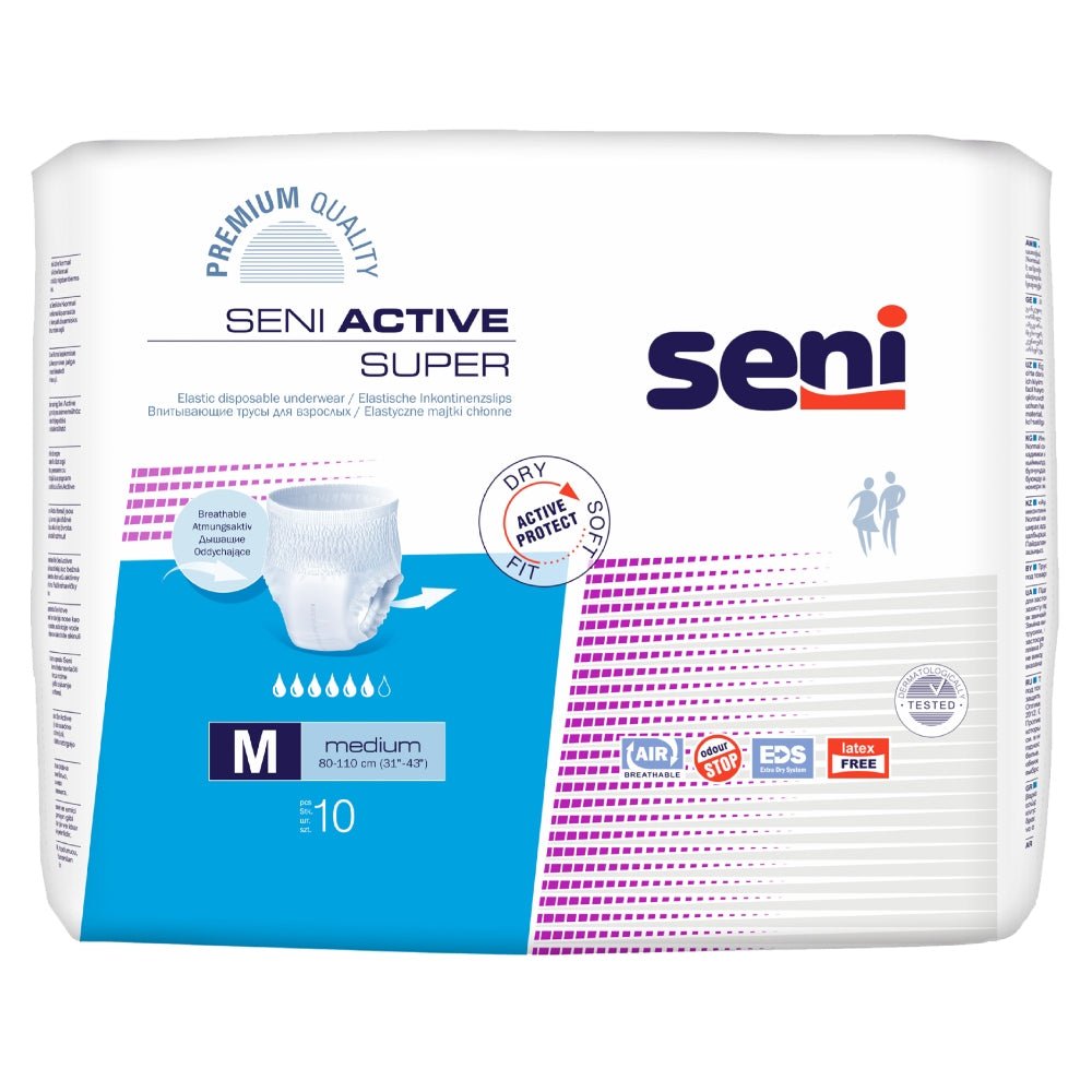 Seni Active Super incontinentiebroekjes maat M, verpakking van 10 stuks met ademende buitenlaag