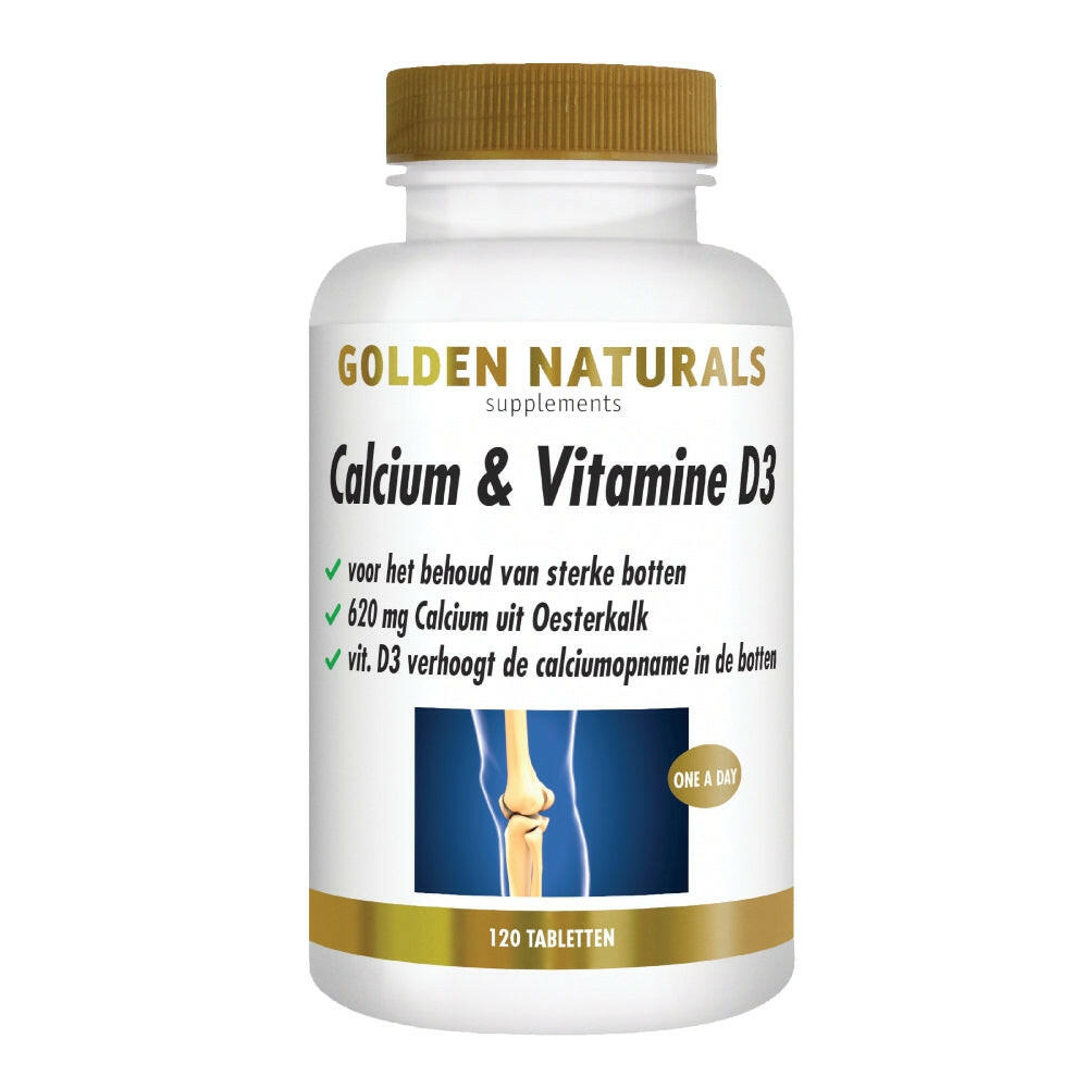 Golden Naturals Calcium & Vitamine D3 supplementen 120 tabletten fles met gouden dop en etiket