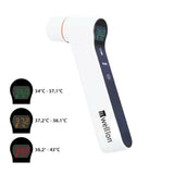 Wellion infrarood thermometer wit donkerblauw met digitaal scherm en meetkop