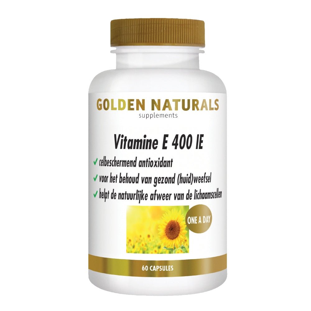 Golden Naturals Vitamine E 400 IE flesje met 60 ONE A DAY capsules voor celbescherming en huidondersteuning