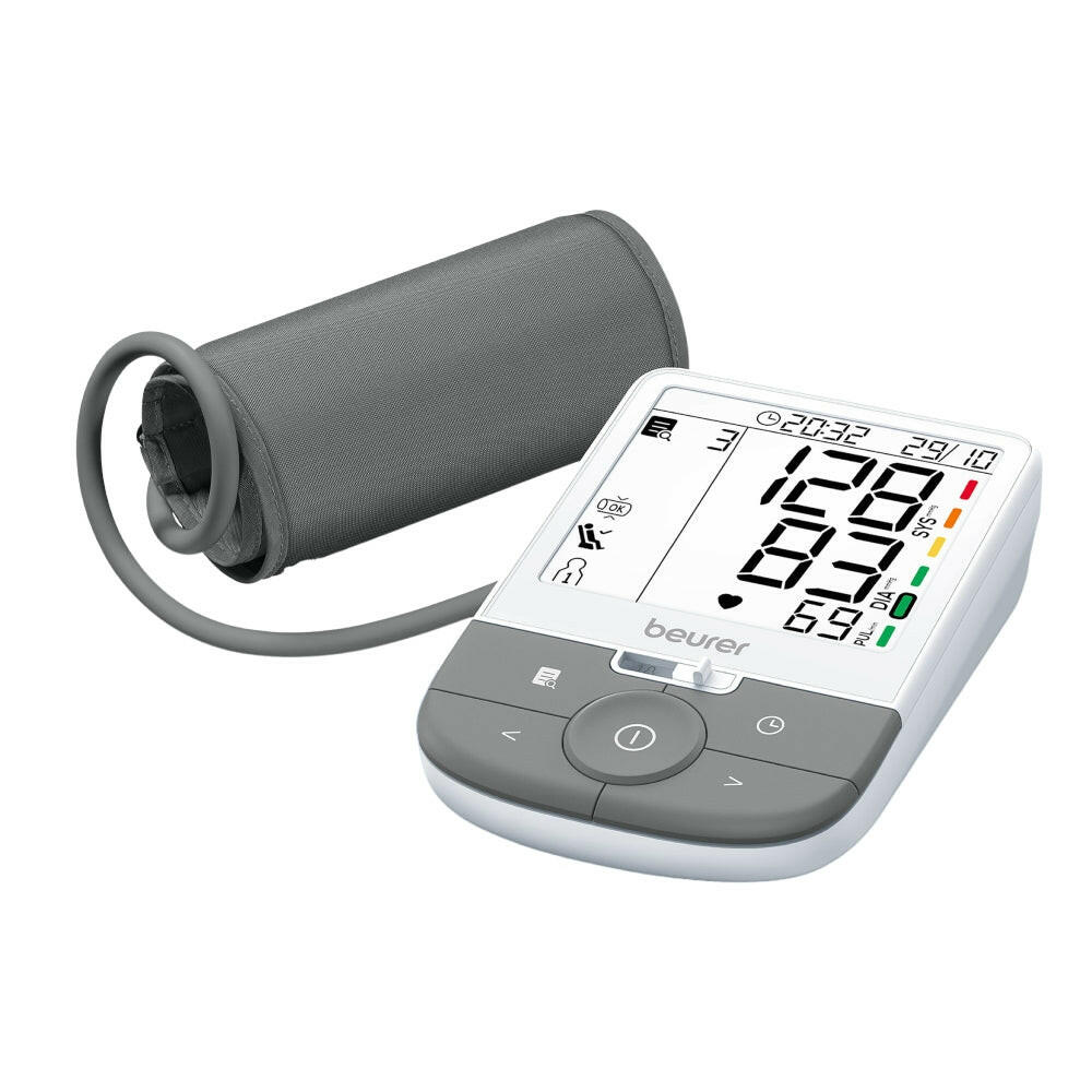 Beurer BM 53 witte bovenarm bloeddrukmeter met grijze manchet en ronde startknop op witte achtergrond