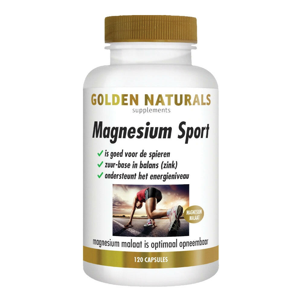 Golden Naturals Magnesium Sport 120 vegan capsules fles met magnesium malaat en zink voor spierherstel