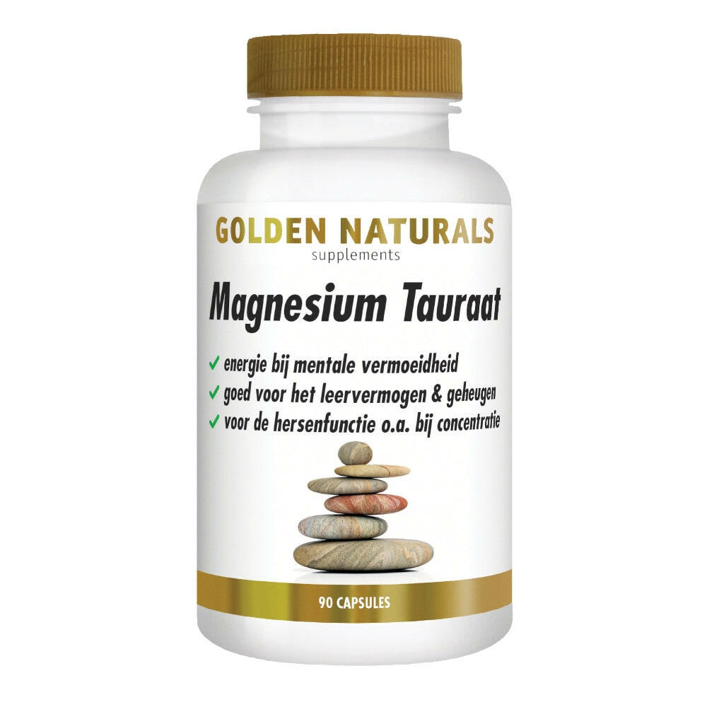 Golden Naturals Magnesium Tauraat 90 capsules fles met gouden dop voor geheugen ondersteuning en energie