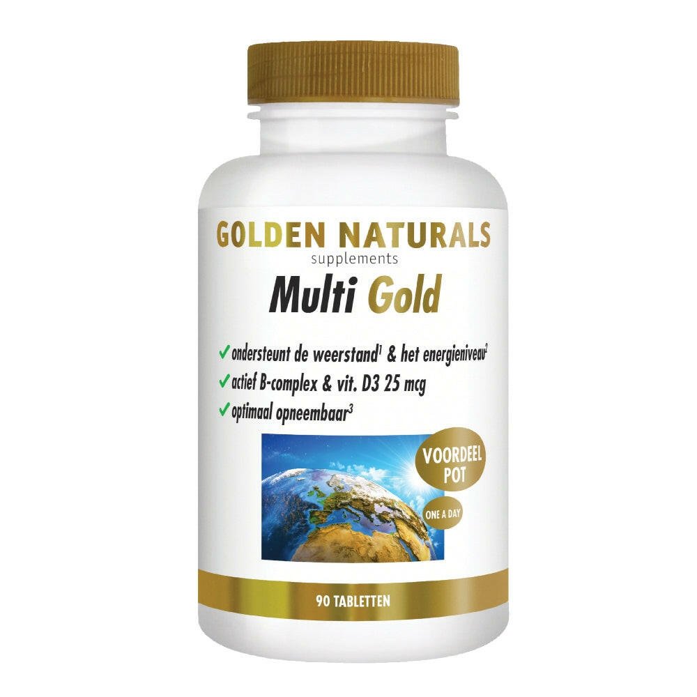 Golden Naturals Multi Gold multivitamine fles met 90 tabletten en Aarde afbeelding