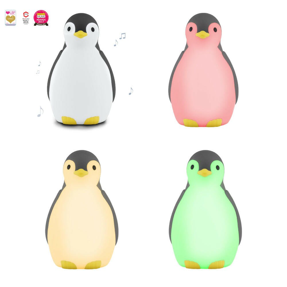 Vierkleurige collectie Zazu pinguïn nachtlampjes met muzieknotens