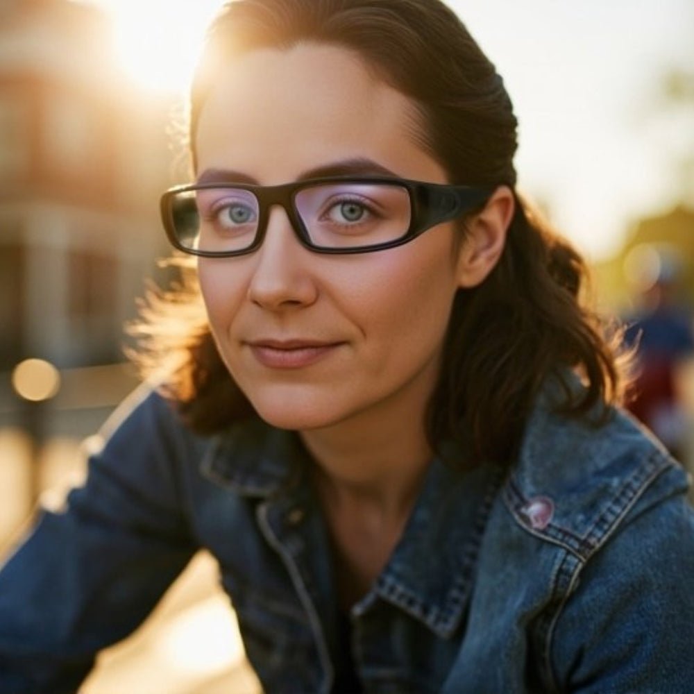 Vrouw draagt zwarte Propeaq 3 lichtbril zonder licht buiten in zonlicht