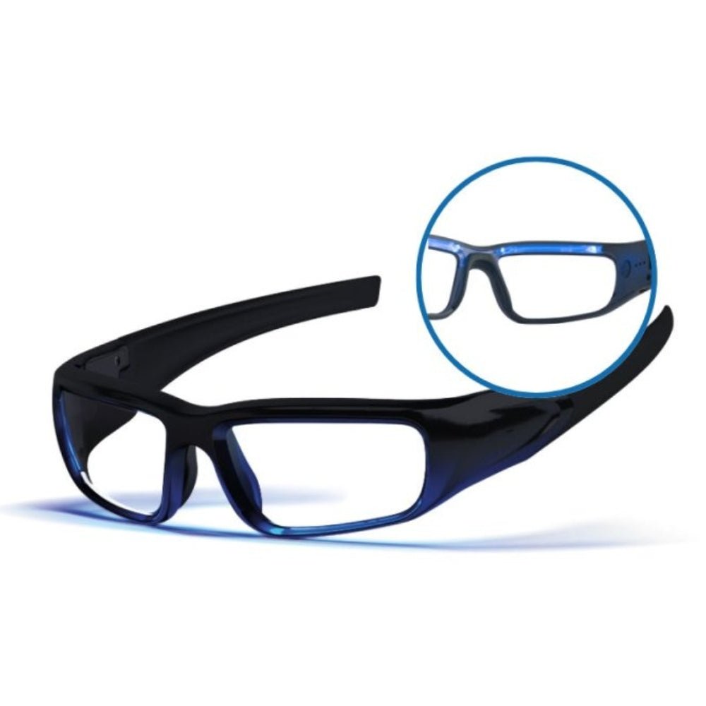 Propeaq 3 lichtbril close-up met blauwe LED-verlichting en sensor detail