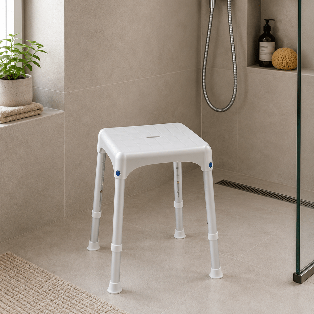 SecuCare Quattro verstelbare douchekrukje met antislip zitting en afwateringsopening