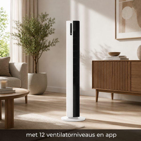 Witte Clean Air Optima CA-407W torenventilator met app-bediening en 12 snelheden in woonkamer