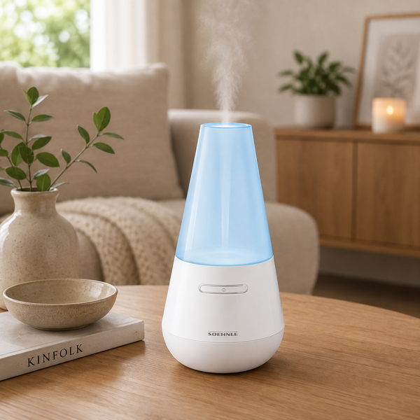 Soehnle Valencia aroma diffuser wit met blauw LED-licht en nevel op houten tafel