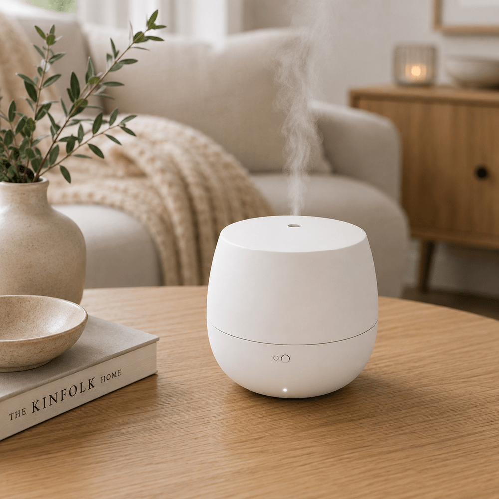 Stadler Form Mia aroma diffuser in het wit, met stoompluim op houten tafel