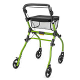 Achterzijde groene aluminium rollator met opbergtas en dienblad