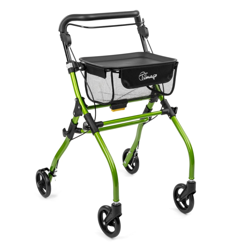 Voorzijde groene Timago rollator met verstelbare handgrepen en tas