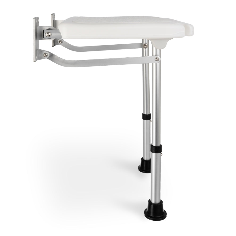 Achterkant uitgeklapte douchekruk met metalen steunarmen en basisvoeten