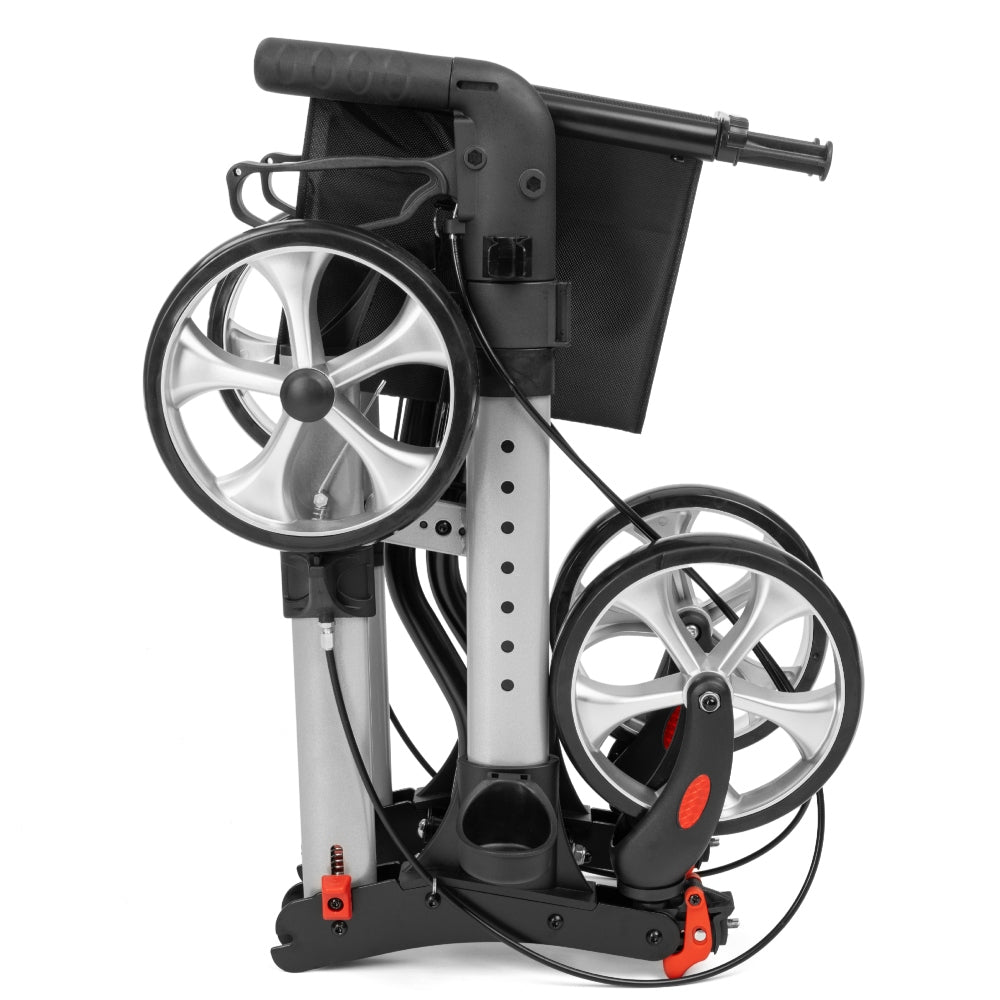Samengeklapte Timago Yola rollator: compacte aluminium constructie met wielen en rode vergrendeling