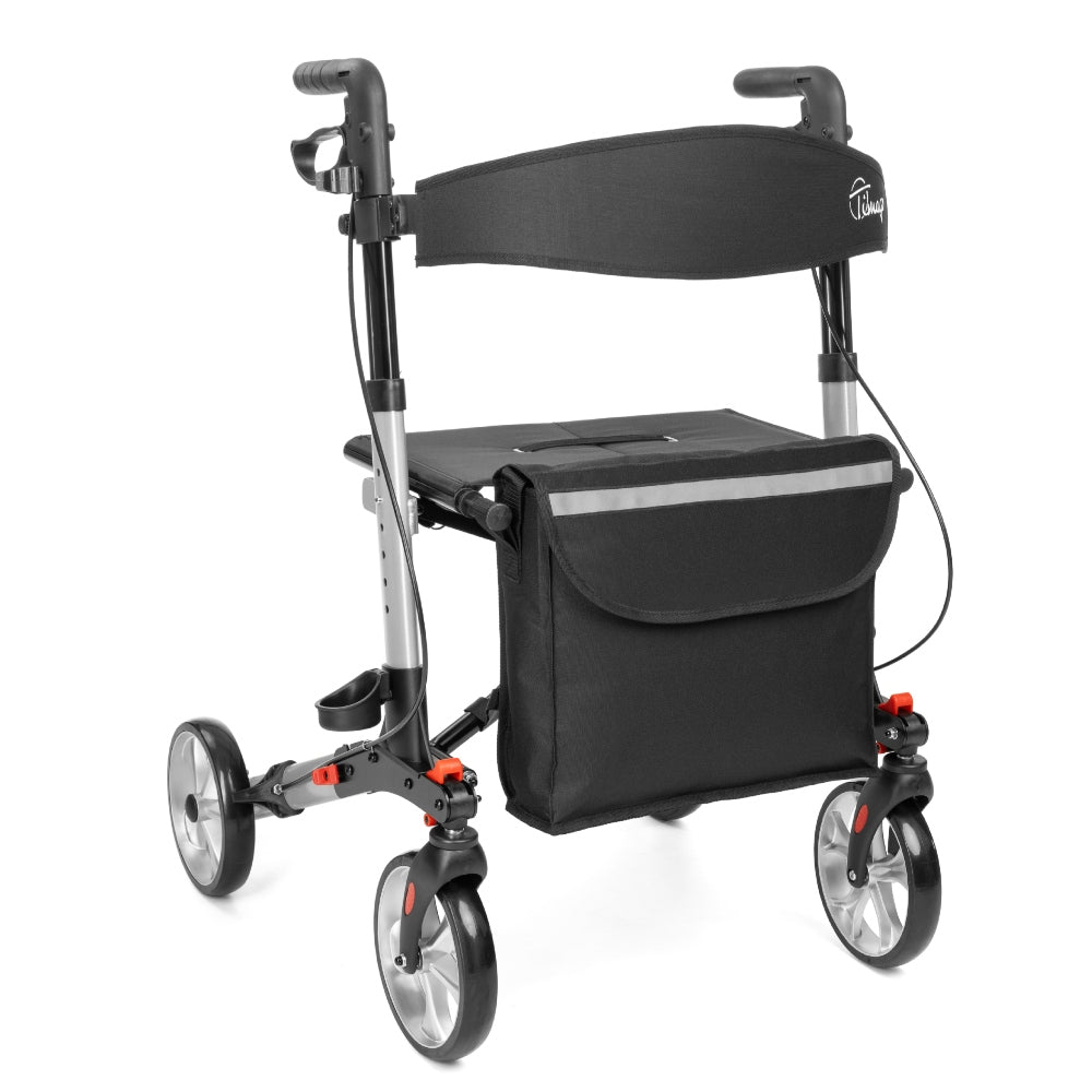 Timago Yola rollator zijprofiel: aluminium frame, zwarte zitting met logo en reflecterende opbergzak