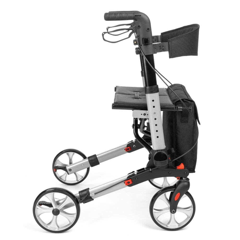 Timago Yola rollator uitgeschoven: verstelbare handgrepen, wandelstokhouder en cupholder in beeld