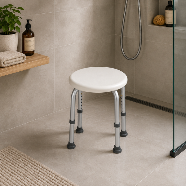 Witte ronde Timago douchekruk met aluminium frame en verstelbare poten