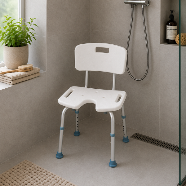 Timago douchestoel met rugsteun en U-vormige zitting in aluminium frame