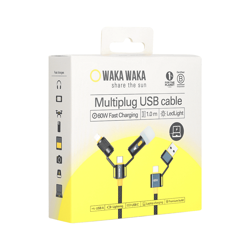 Waka Waka multiplug USB kabel verpakking met 60W snelladen en LED licht