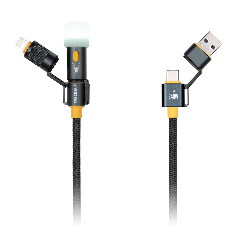 Waka Waka 5-in-1 oplaadkabel met drie afneembare adapters en LED-diffuser