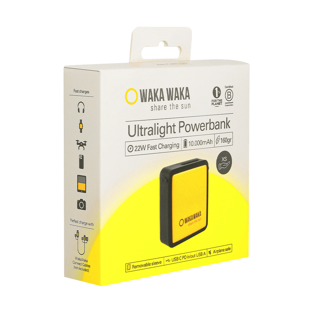 Waka Waka Power 10 verpakking met afbeelding van zwarte powerbank en specificaties