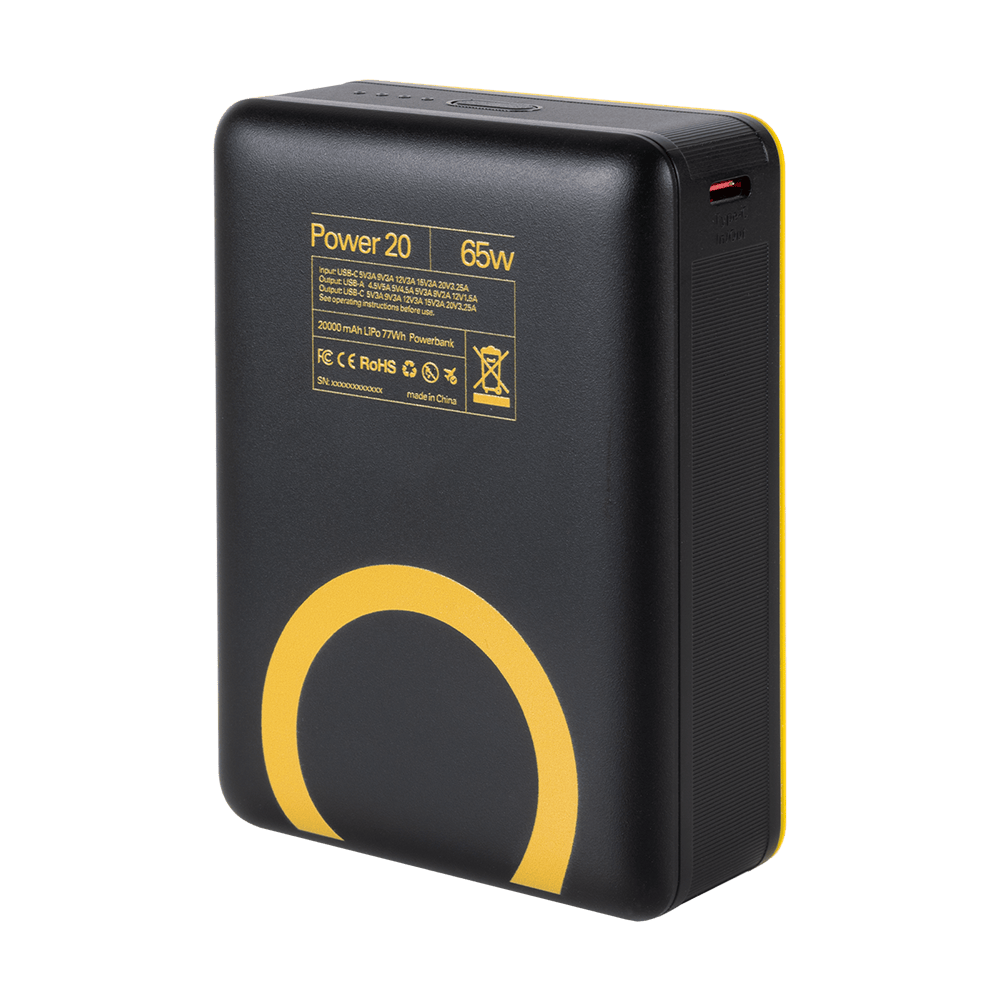 Zwarte Waka Waka powerbank met geribbelde zijkant en USB-C poort