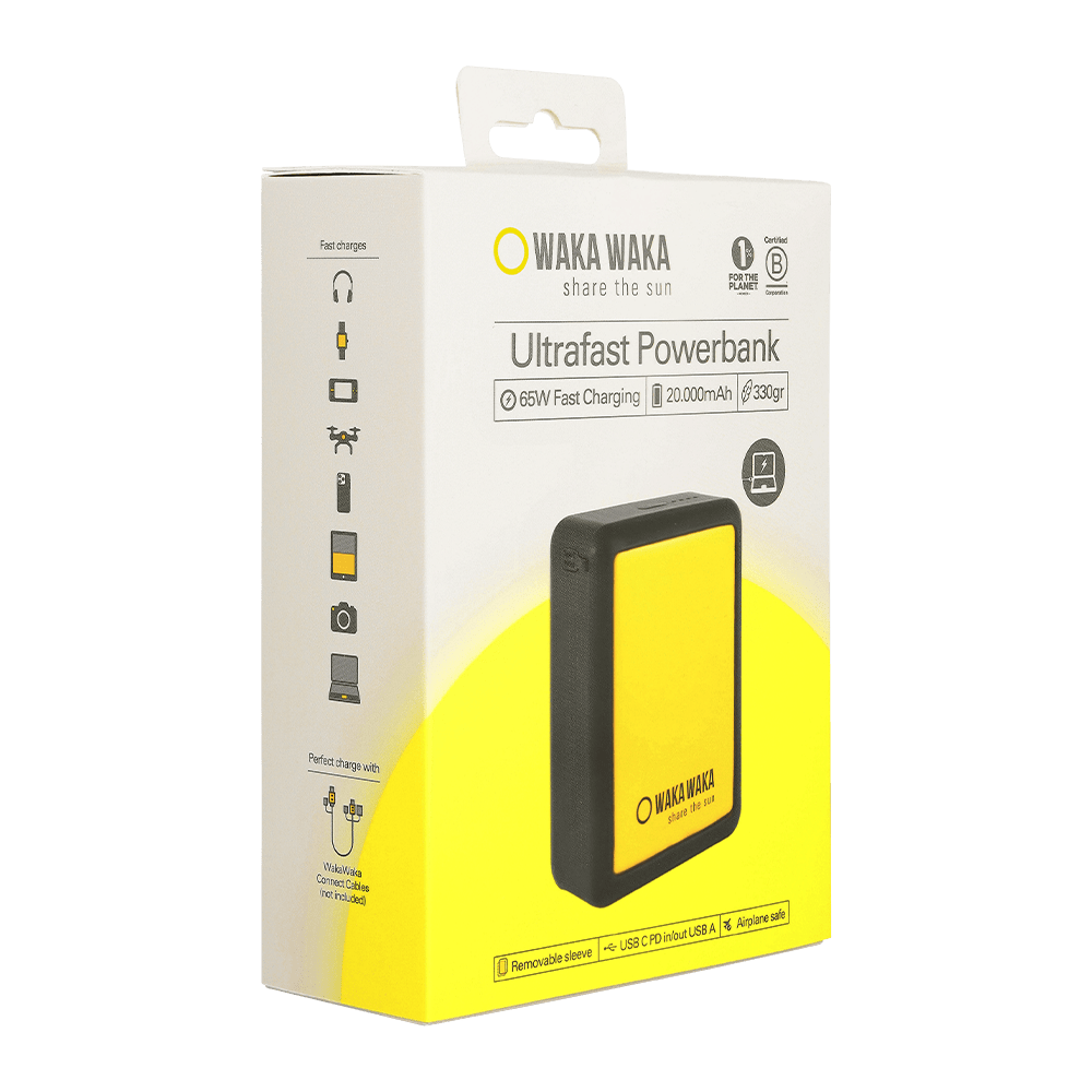 Verpakking Waka Waka Ultrafast Powerbank 20.000mAh 65W wit geel