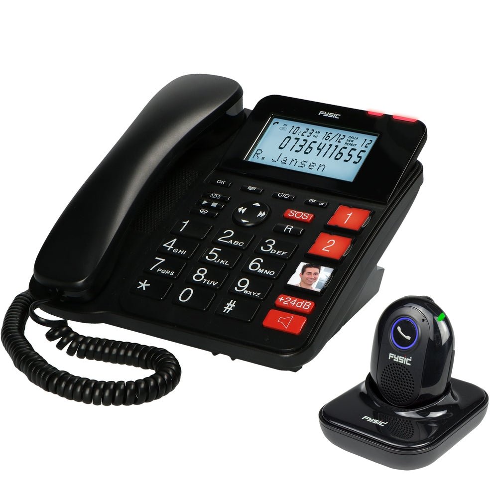 Set Fysic seniorentelefoon met draadloze paniekknop en groene LED-indicator