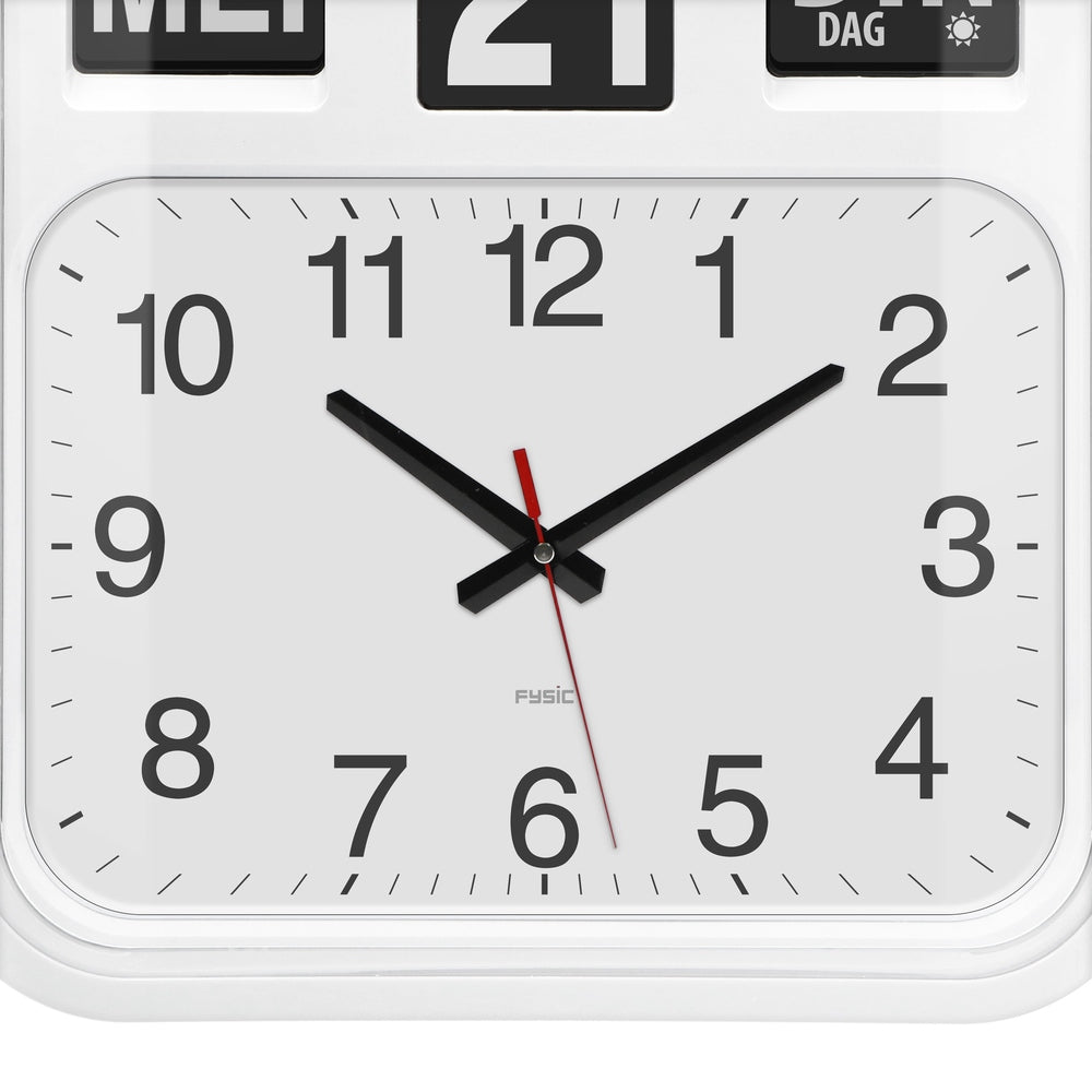 Fysic FK 950 grote analoge wandklok wit met flipkalender en leesbare cijfers