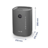 Clean Air Optima CA-605 grijze smart luchtbevochtiger met digitale display en afmetingen
