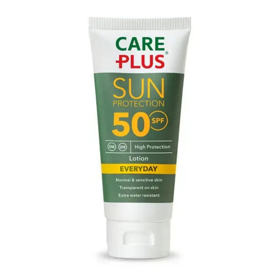 Care Plus zonnebrandlotion SPF50 voor normale en gevoelige huid, waterbestendig met vitamine B & E