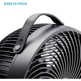 Close-up van draaghandgreep op zwarte Clean Air Optima circulator ventilator