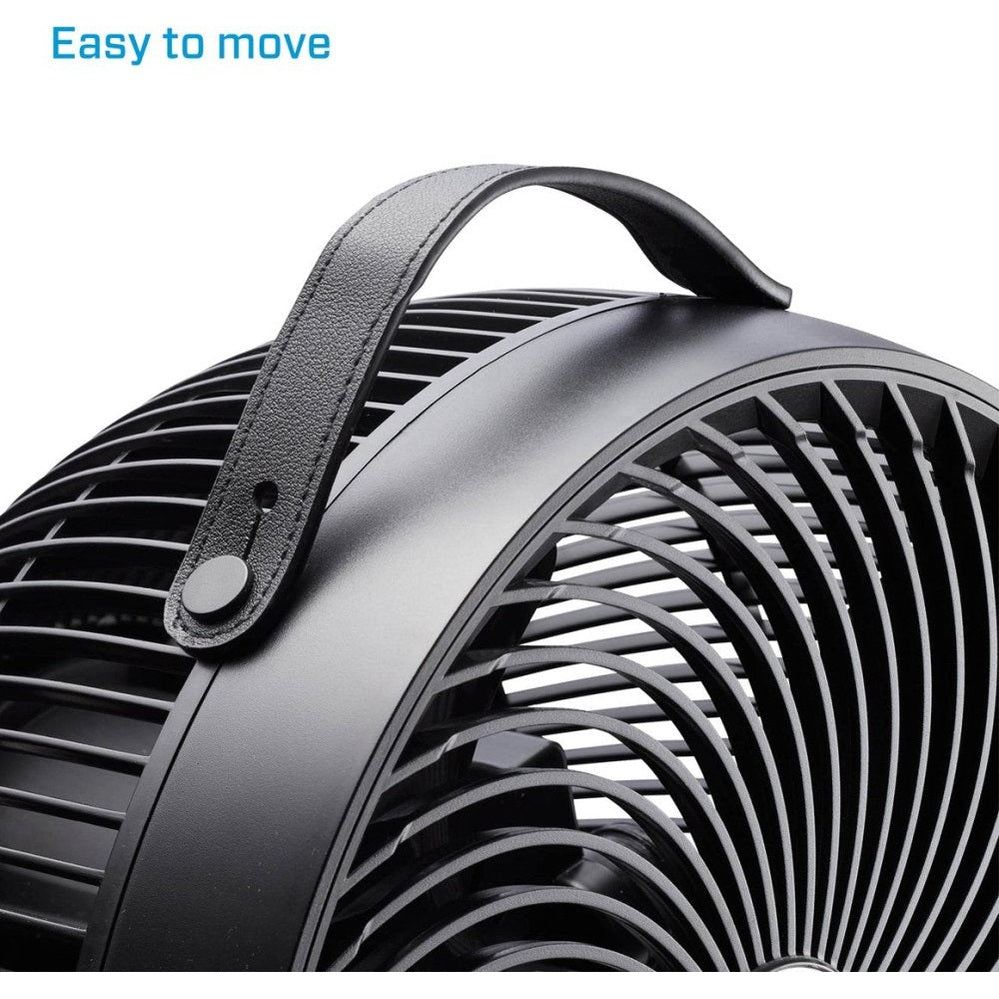 Close-up van draaghandgreep op zwarte Clean Air Optima circulator ventilator