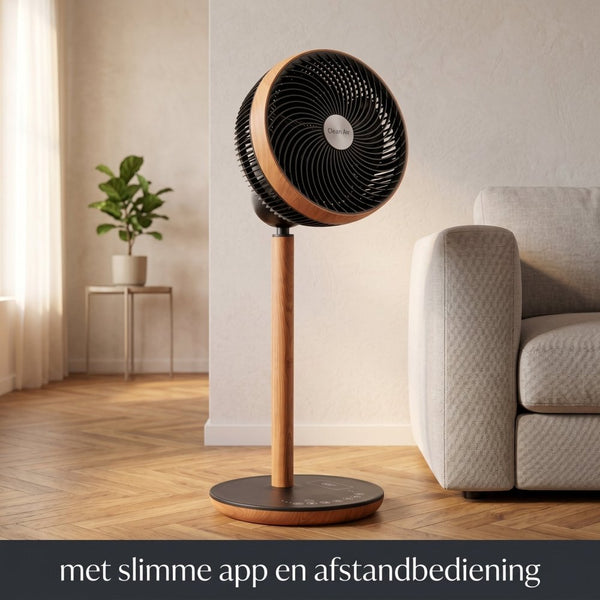 Clean Air Optima ventilator in woonkamer met slimme app en afstandsbediening