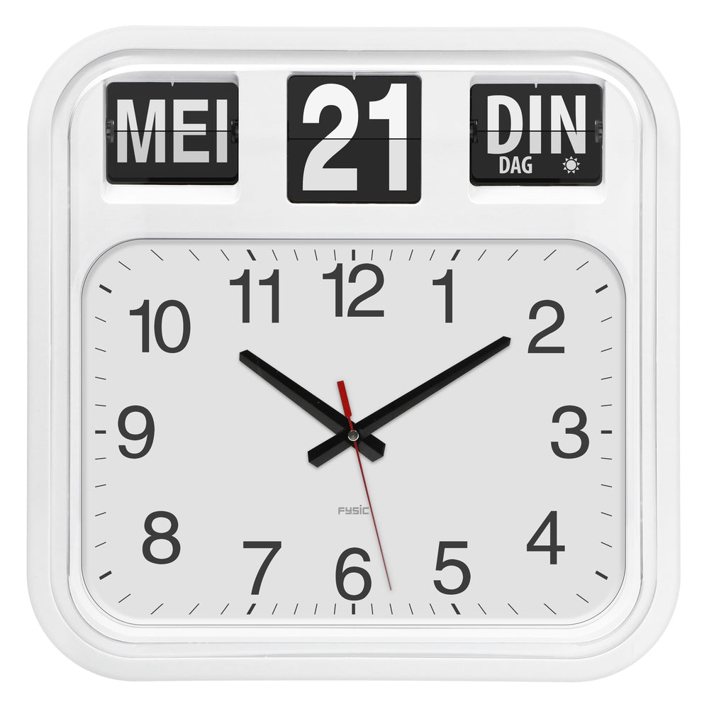 Witte Fysic wandklok voor slechtzienden met dag- en maandflipdisplay