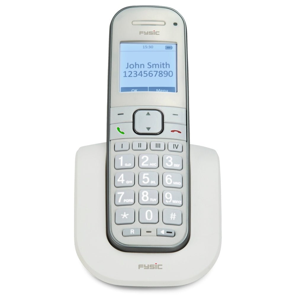 witte Fysic FX-9000 draadloze telefoon met blauw scherm en grote lichtgrijze toetsen