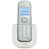 witte Fysic FX-9000 draadloze telefoon met blauw scherm en grote lichtgrijze toetsen